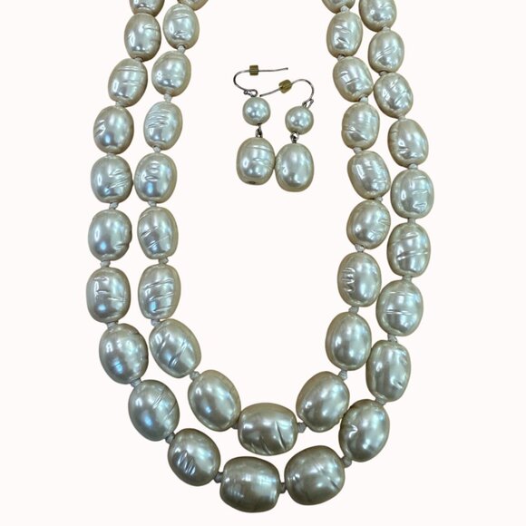 Chicos Vintage Faux Baroque Pearl Necklace & Earrings Set, Grandma Pearlcore - Picture 1 of 12